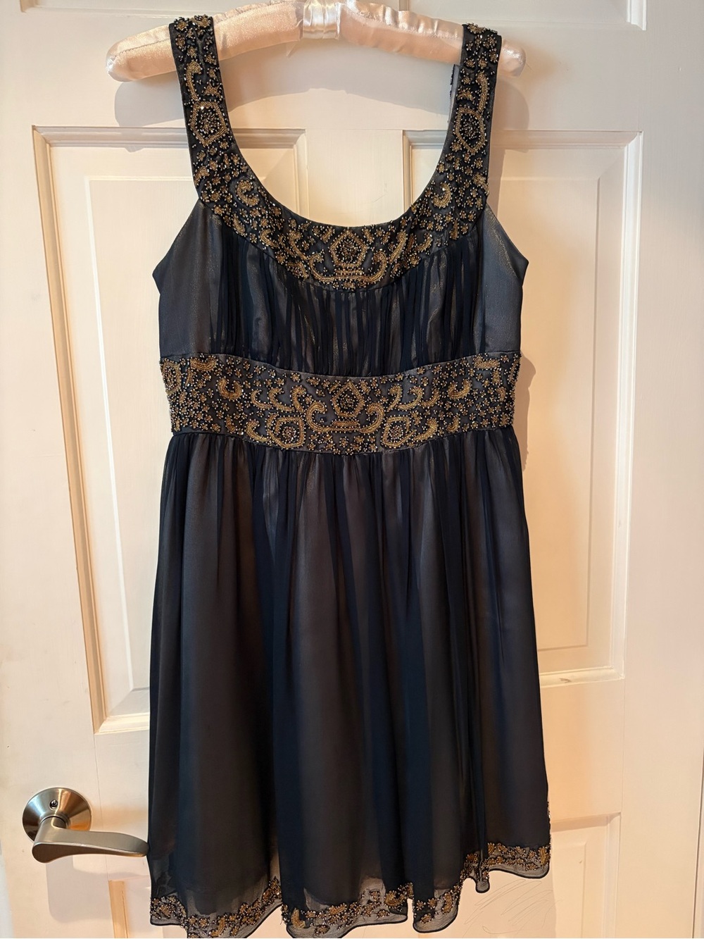 Adrianna Papell Black Evening Dress Baby Doll style with Gold Beading